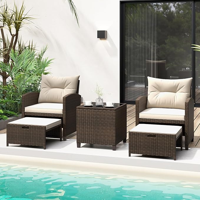 COSTWAY 5-Piece Rattan Conversation Set, Outdoor Sofa, Tempered Glass Coffee Table & Ottomans for Small Space, Boho Chic Indoor/Outdoor Furniture for Patio, Living Room & Apartment (Beige)