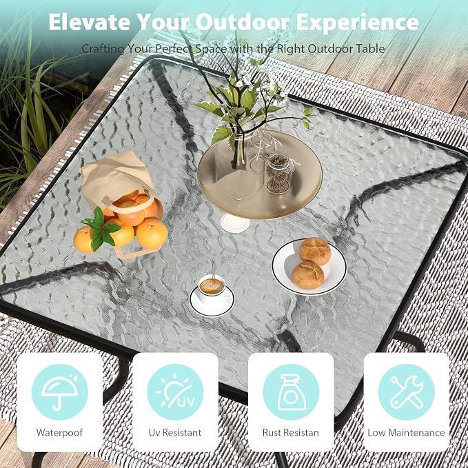 MKDLUFEI Square Outdoor Table, Patio Table with Umbrella Hole Tempered Glass Metal Table Outdoor Dining Table Garden for Deck, Yard, Balcony, Pool (Square)