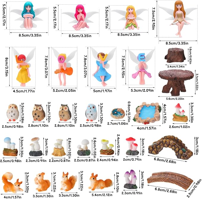 33 Pcs Fairy Garden Miniature Kit Resin Fairies Animal | Weatherproof Solid Resin, PVC Colorful Fairies, Assorted Animal Mushroom Pond Decor, for Terrarium Patio Dollhouse DIY Craft