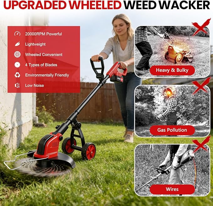 Electric Weed Wacker with Wheels, 12-Inch 2x3.0Ah 21V Battery Powered Weed Eater, Cordless Lawn Mower with 4 Types Blades, 800W Brushless Brush Cutter, 20000RPM Grass Trimmer for Garden Yard