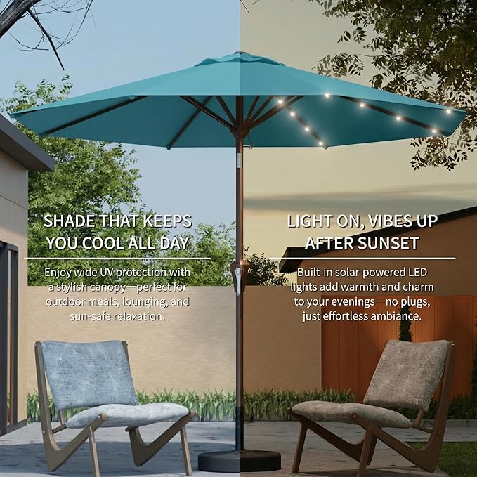 9FT Solar Umbrella 32 LED Lighted Patio Umbrella Table Market Umbrella w/Tilt and Crank, UV-Resistant Outdoor Umbrella for Pool, Garden, Deck, Sky Blue