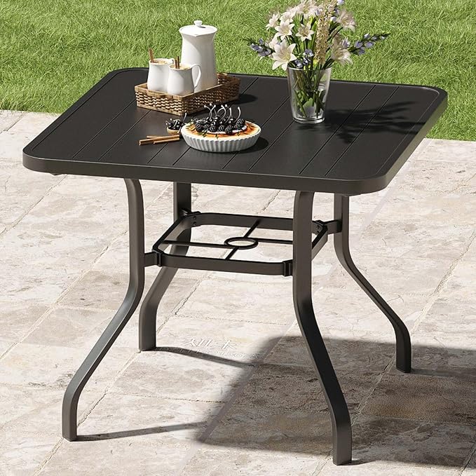HRVEOCEI 35" Outdoor Square Table with Umbrella Hole, Metal Patio Dining Tables for Lawn Garden, Wood-Like Grain Bistro Table Outdoor for Backyard,Poolside,Deck,Por (Black, Square)