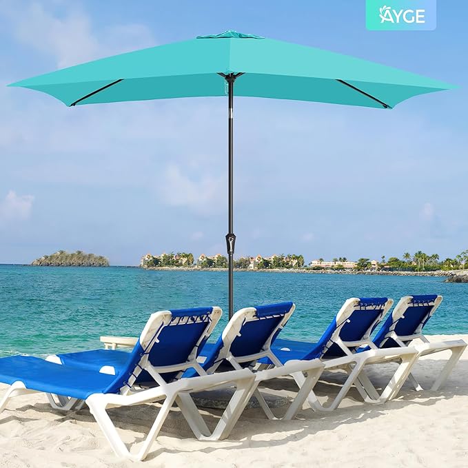 Ayge 6.5x10FT Rectangular Patio Umbrella Outdoor Table Umbrella w/Push Button Tilt & Crank Rectangle Market Umbrella UV Protection for Garden,Deck,Lawn,Yard & Pool,Turquoise