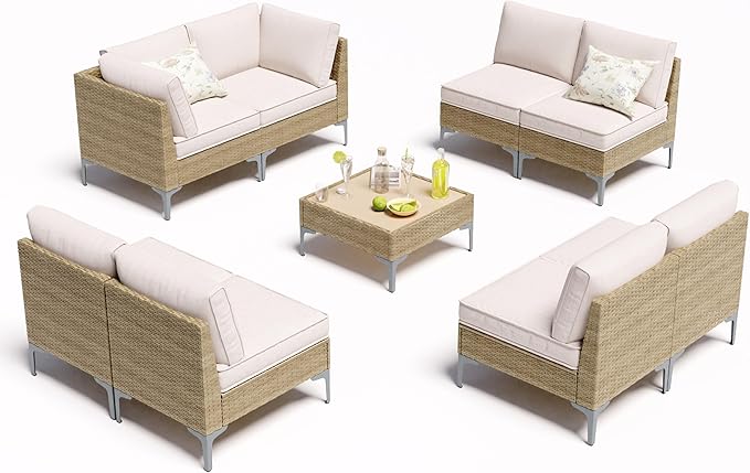 Jing's Villa 9-Piece Outdoor Patio Furniture Set, All-Weather Wicker Sectional Sofa with Coffee Table & Thick Anti-Slip Cushions for Backyard,Lounge,Garden,Deck, Beige