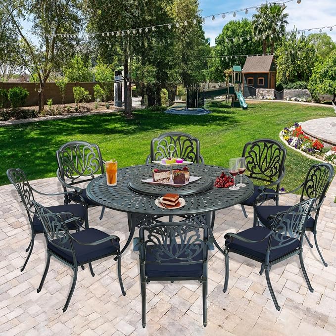 9-Piece Patio Cast Aluminum Dining Set, 8 Person Outdoor Dining Furniture Set, Includes 8 Cushioned Chairs and 61" Large Round Dining Table with 31" Lazy Susan, Umbrella Hole, Navy Blue