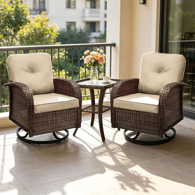 SHGJ&SOFT All Weather Patio Furniture Set, High Back Swivel Rocker Glider Chairs,Ottomans & Glass Tables, Outdoor Conversation Set for Deck Porch Yard Poolside (Brown, 3PCS-Swivle Chairs&Table)