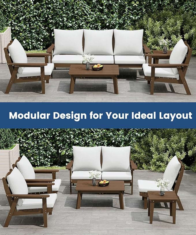 FOOWIN 4-Piece Patio Furniture Set, HDPE All-Weather Outdoor Conversation Set with Thick Cushions, Sectional Patio Sofa Furniture for Deck, Porch, Lawn, Garden, Brown Frame & White Cushion