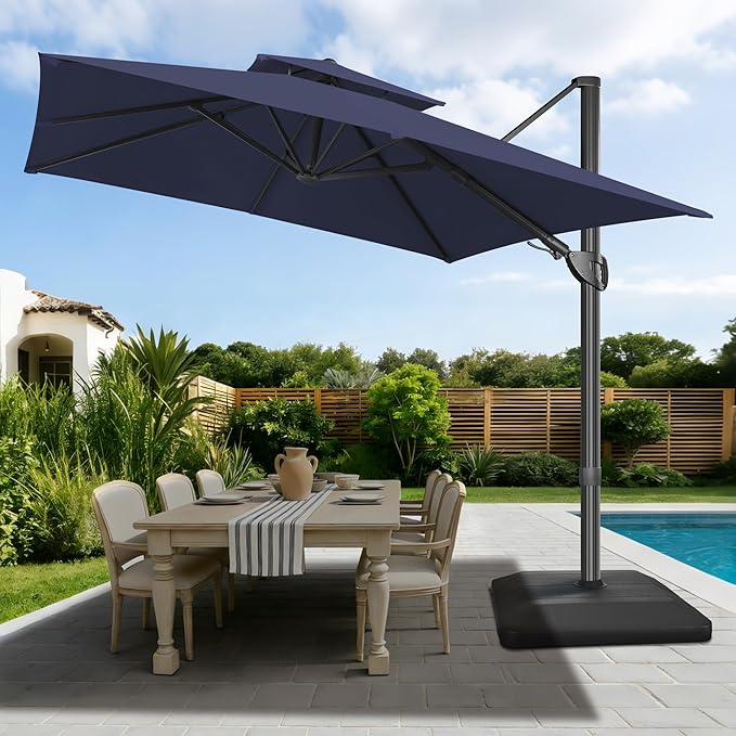 FLAME&SHADE 10x10 FT Square Cantilever Patio Umbrella - Aluminum Offset Umbrella with Tilt 360-Degree Rotation, Fade Resistance Fabric Large Patio Umbrella Outdoor for Deck Pool Garden - Navy Blue