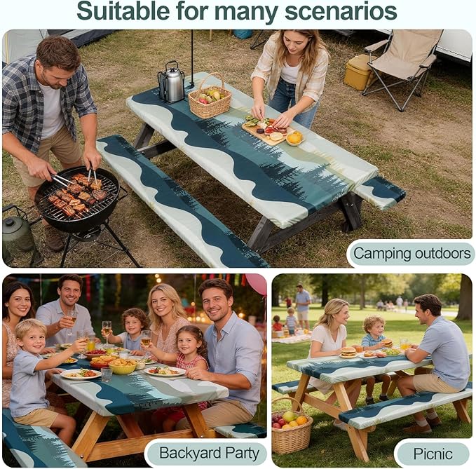 Play Tailor Picnic Table Cover with Bench Covers Camping Essentials Waterproof Windproof Camping Tablecloth with Drawstring Bag, Fitted Rectangle Tables and Seats, 60in, Green Blue