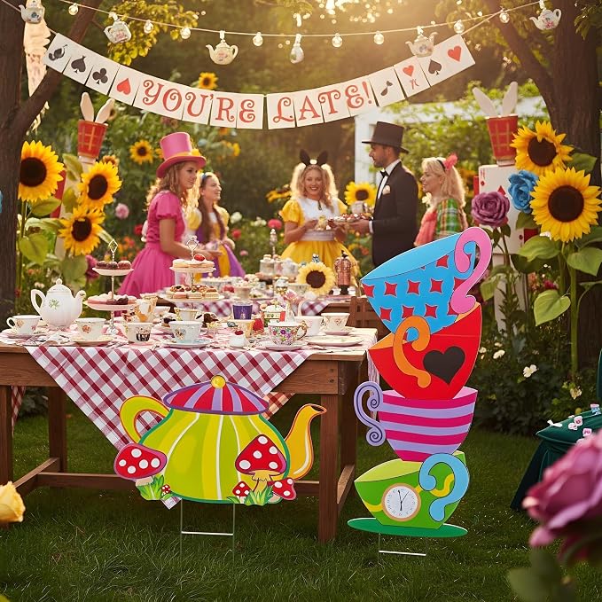 2 Pcs Giant Alice Party Decorations Props Sets Wonderland Yard Signs Decor Mad HatterTea Party Decoration Alice Themed Trick or Treat Stacked TeacupsTeapot with Stakes Stand Indoor Outdoor