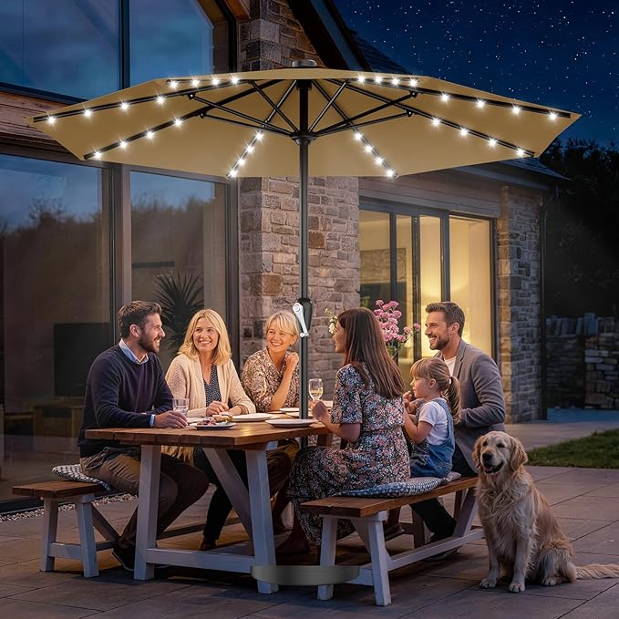 AreShark 12FT Large Patio Umbrella with Solar Lights, Solar Powered Outdoor Umbrella with Crank, Patio Table Market Umbrellas for Garden, Deck, Backyard, Pool and Beach, Khaki