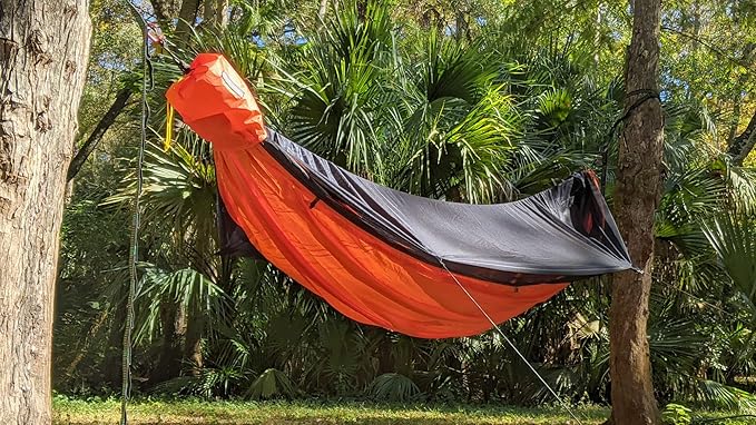 Go Camping Hammock 2.0 w/ Built-In Mosquito Net - Slate Gray by Go Outfitters: 11' Long X 64" Wide |Includes 2 Premium Aluminum Carabiners, Rapid Deployment Bag, 4 Stakes & 4 Shock Cords