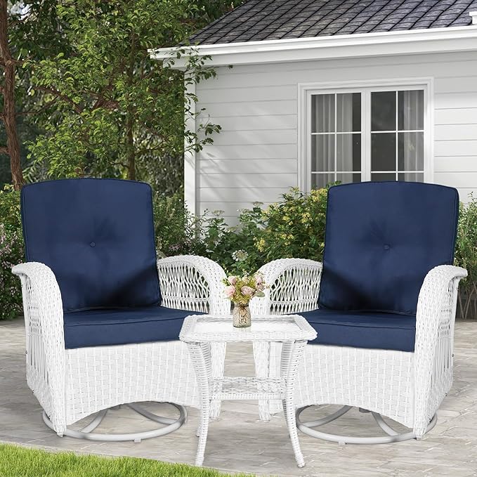 VIVIJASON 3-Piece Patio Conversation Bistro Set, Outdoor Swivel Glider Rocking Chairs Rattan Furniture Set w/ 2 Rattan Chairs, Glass Top Side Table for Porch Backyard, White - Navy Blue