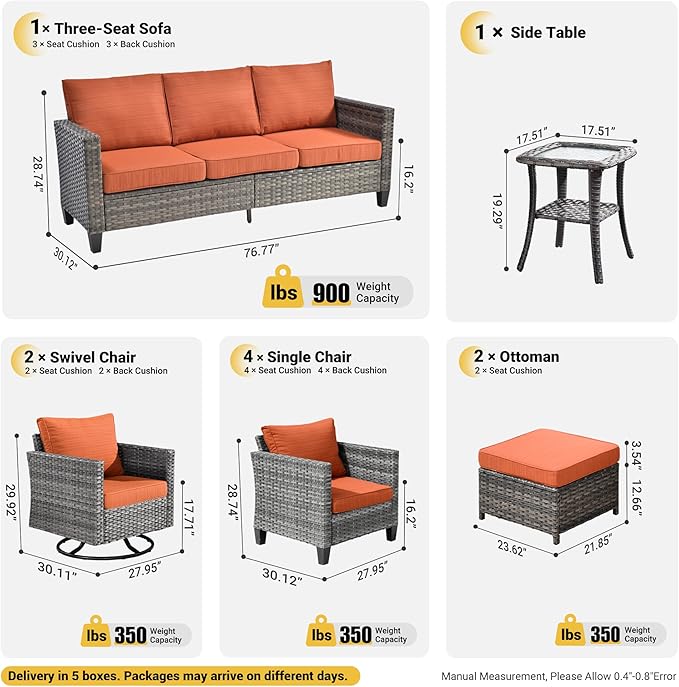 ovios 10 Pieces Patio Furniture Set, Outdoor Wicker Sofa with Rocking Swivel Chairs, Glider Chairs Rattan Couch with Comfy Cushions All Weather Conversation Set, Orange Red