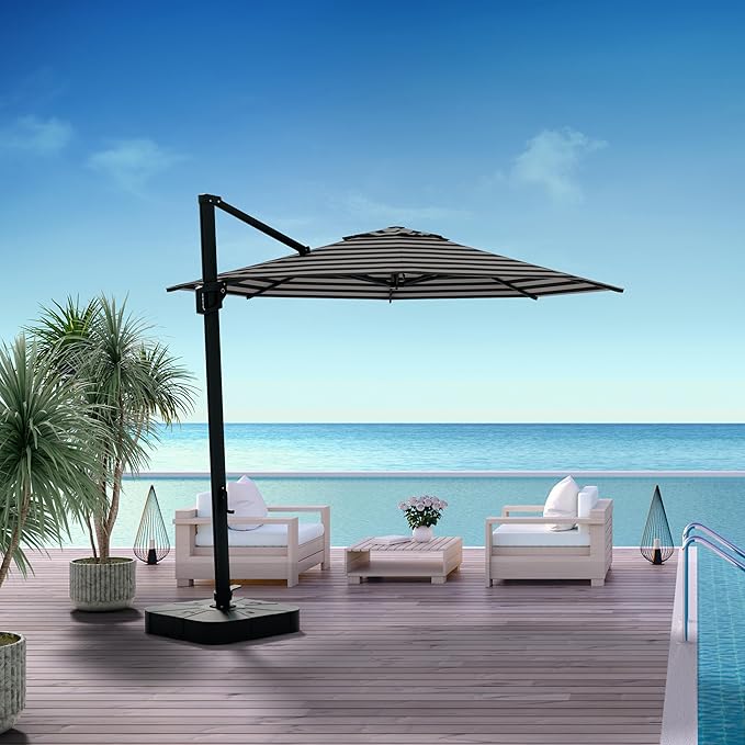 Midtown Umbrellas The Grande Round 10 FT Outdoor Cantilever Patio Umbrella w/Sunbrella Black & White Acrylic Fabric - 8 Rib Aluminum Frame Offset w/Tilt And 360° Rotate Pedal System - Black Frame