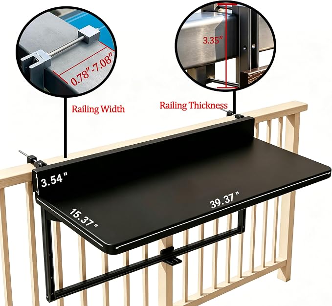 Balcony Bar Table Hanging for Railings, Outdoor Adjustable Height Folding Deck Rail Table for Patio, Garden, Renter-Friendly Space Saving, Aluminum Weatherproof Fits Round/Square Rails, Black