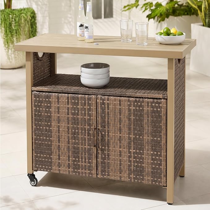 Outdoor Bar Table with Storage Cabinet, Patio Serving Cart with Wheels, Wicker Bar Cart and Grill Cart Prep Station, Rolling Kitchen Island for Patio, Backyard, Poolside, Outdoor Use, Beige