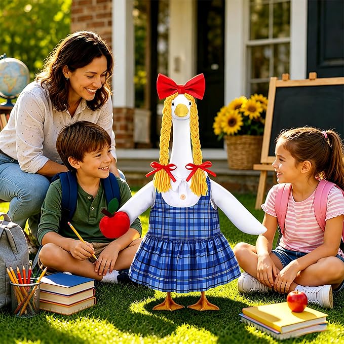 Celltestria Back to School Goose Outfits Porch Goose Costume with Apple Blue Grid Goose Clothes for 23" Geese School Outdoor Patio Yard Lawn Garden Art Decoration