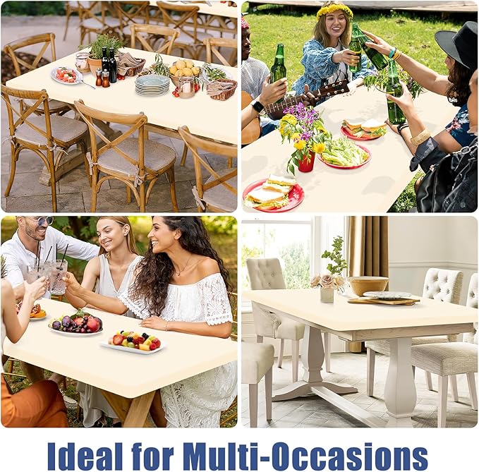 Moosfor Spandex 6 Foot Rectangle Table Cloth 2 Pack, Elastic Fitted Tablecloths for Picnic, Stretch Washable Patio Table Cover for Outdoor, Camping, Banquet and Parties (Champagne, 36"x72")