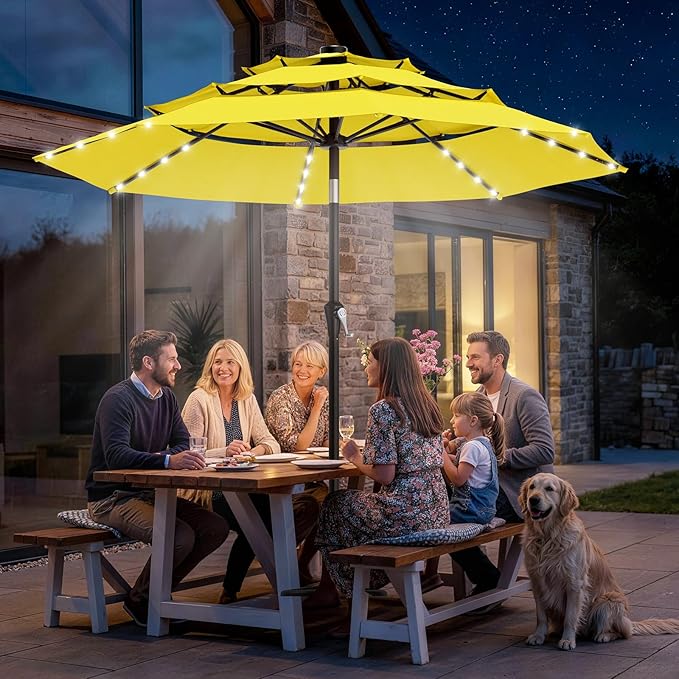 AreShark 9ft 3 Tiers Patio Umbrella with Solar Lights, Outdoor Umbrella w/ 32 LED Lights&8 Sturdy Ribs, Table Umbrella for Deck, Backyard, Pool (Yellow)