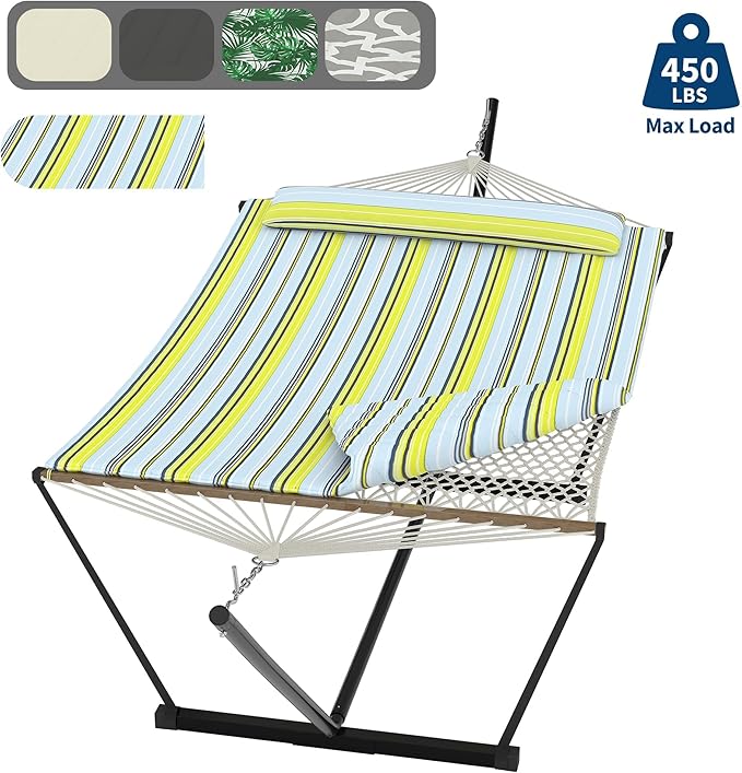Heavy Duty Double Hammock with Stand & Soft Pillow, 450 LBS Capacity - Padded Portable Hammock for Indoor Outdoor Patio Backyard Garden
