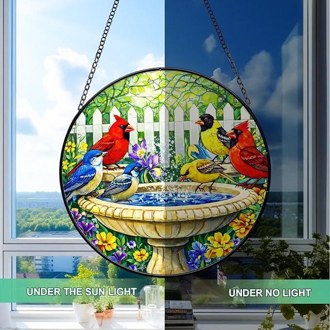 Stained Glass Window Hanging - Colorful Garden Birds Suncatcher for Windows Doors Home Decor, Cardinal Birds Flowers Sun Catcher Gift for Bird Lovers Women Christmas Mother's Day Birthday 7.8 in