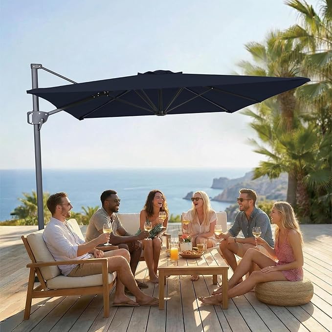 10FT Offset Patio Umbrella, Cantilever Hanging Umbrella with Infinite Tilt, Fade-Resistant Water-Repellent Canopy & Cross Base for Yard, Garden & Deck