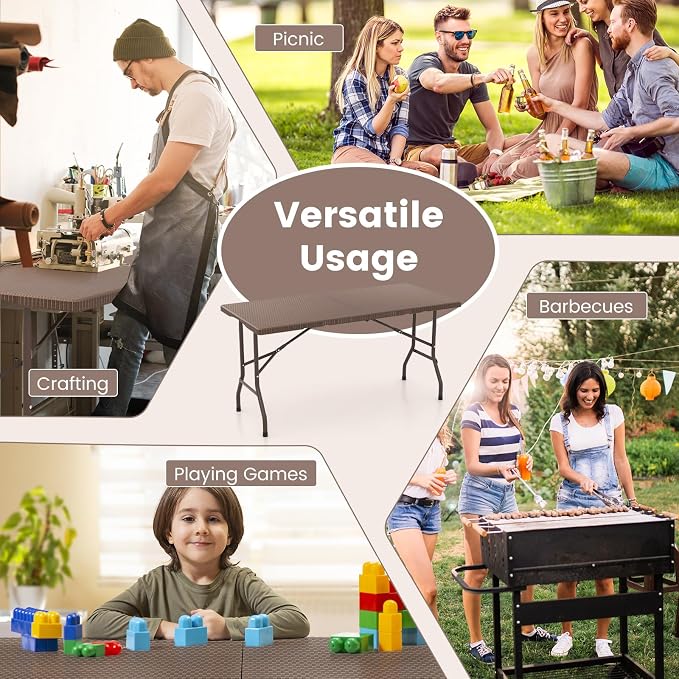 Giantex 5 FT Folding Table, HDPE Foldable Dining Table for 6, Indoor Outdoor Use for Party Banquet Wedding Picnic Camping BBQ, Fold-in-Half Portable Space Saving Design (Brown)