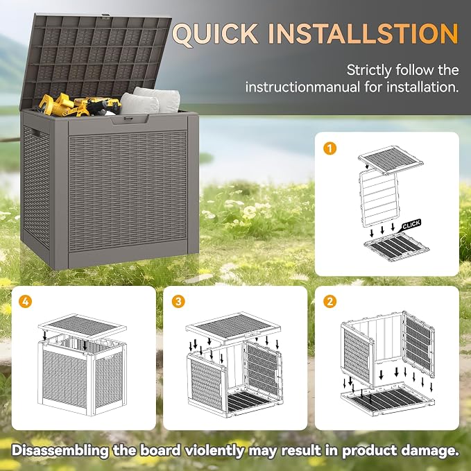 KAMABOKO 29 Gallon Outdoor Storage Box, Resin Deck Boxes Indoor and outdoor, Waterproof Storage Box Lockable Lid for Garden Tools, Package Delivery, Pool Supplies, Patio Cushions, Grey