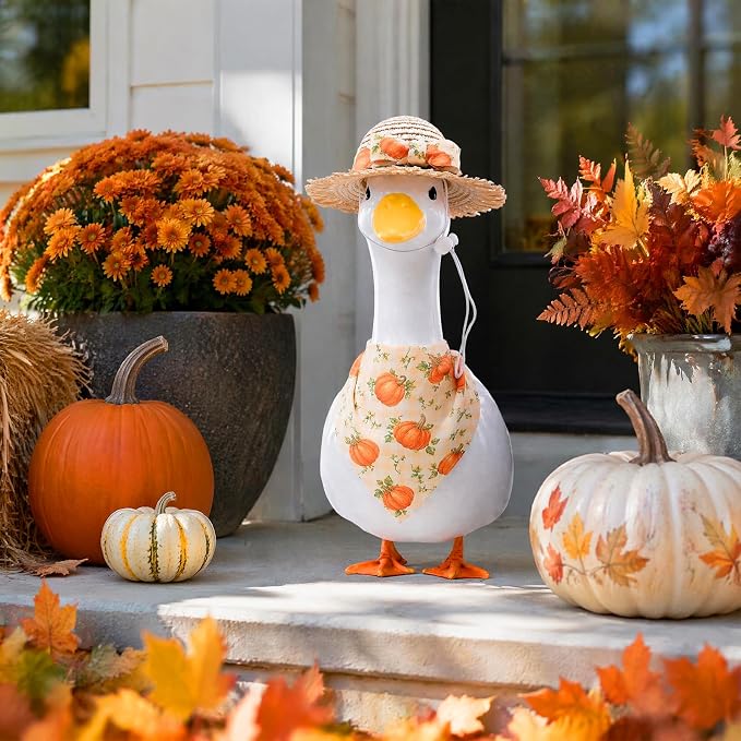 2Pcs Fall Outfit for Porch Goose - Autumn Plaid Pumpkin Bowknot Straw Hat with Bib Accessories for 23'' Cement Statue, Garden Lawn Thanksgiving Halloween Outdoor Decoration