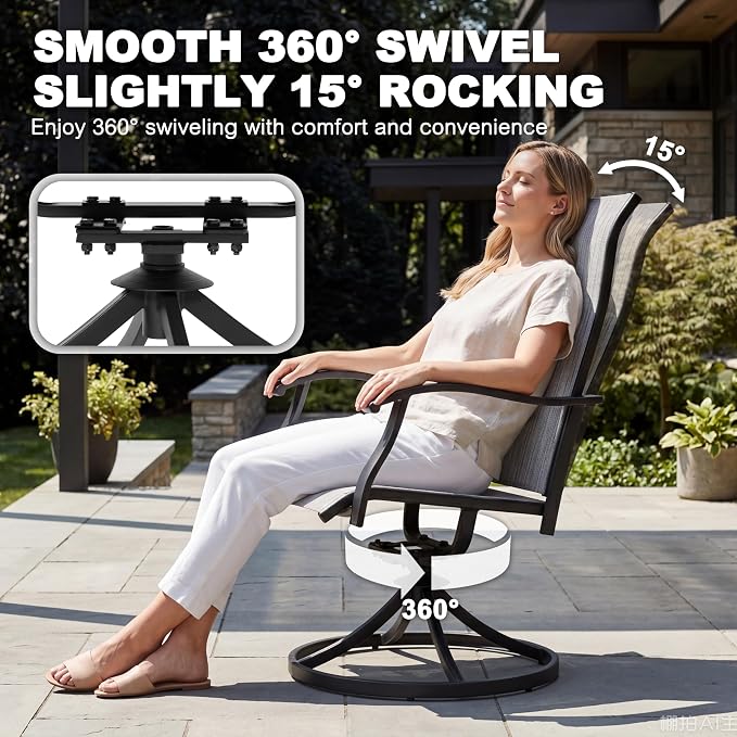 NUU GARDEN 7 Piece Patio Dining Set for 6 with Swivel Chairs | 61" x 37" table with umbrella hole and 6 breathable Textilene swivel chairs featuring ergonomic high backs.