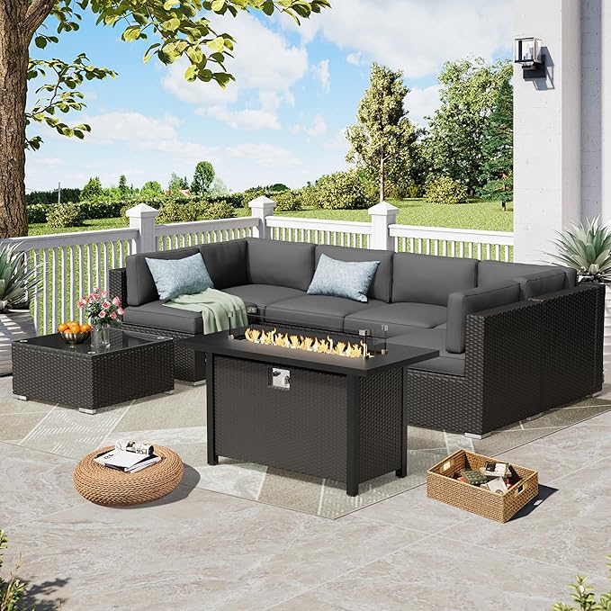 8 Pieces Outdoor Patio Furniture Set with 45” Propane Gas Firepit Table, Grey Wicker Patio Sectional Sofa Set, Outdoor Couch with Cushion and Tempered Glass Table, Grey
