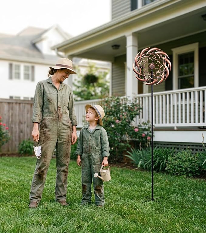 63" Copper Wind Spinner Metal Bronze Antique Clockwork Garden Yard | Antique Garden Art, Rustproof bronze sundial spinner, Whisper-quiet dual-bearing kinetic motion, Stable 5-prong stake