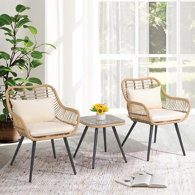 JOIVI 3 Piece Outdoor Wicker Conversation Bistro Set, Patio Furniture Rattan Chairs and Square Side Table Set for Porch, Balcony, Poolside, Yard, White Cushion