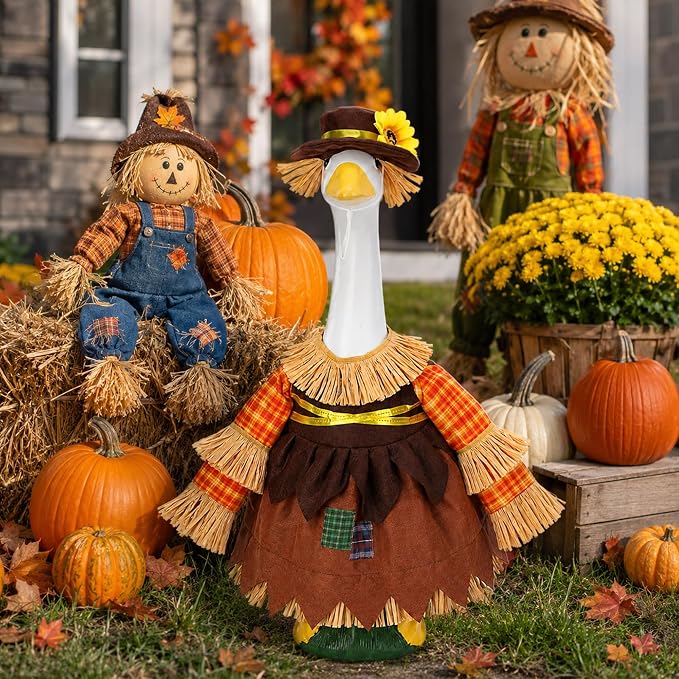 DECOHS 2 Pcs/Set Scarecrow Porch Goose Outfits, Fall Thanksgiving Lawn Goose Statue Scarecrow Costume, Garden Goose Scarecrows Clothes Hat for 23" Statue Autumn Halloween Outdoor Patio Yard Decoration