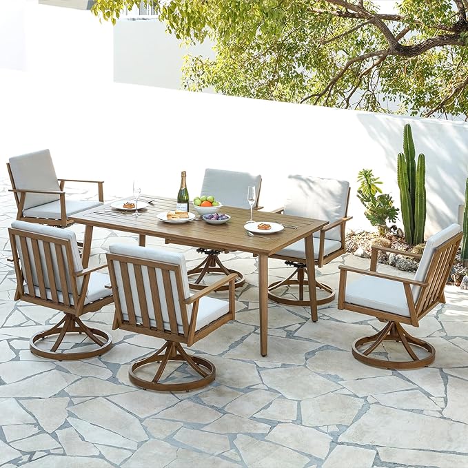 7 Pieces Patio Dining Set with 6 Swivel Chairs, Never-Rust Aluminum Outdoor Dining Set, Patio Swivel Dining Set with Thick Cushions, Outdoor Furniture Set for Deck, Garden, Yard, Teak