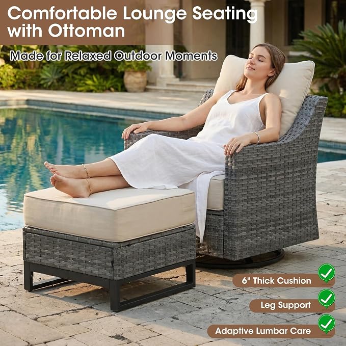 3-Piece Outdoor Patio Furniture Set, Grey Wicker Conversation Set with 2 High-Back Chairs and Side Table, 6-Inch Beige Olefin Cushions for Porch, Deck, Balcony