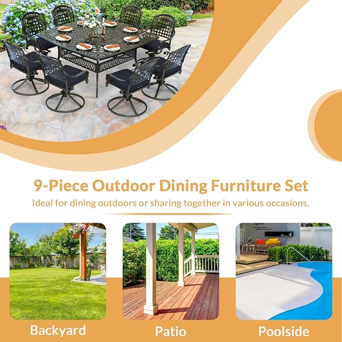9 Piece Outdoor Patio Dining Set for 8, Cast Aluminium Large Square Dining Table & 8 Swivel Rocker Chairs with Removable Cushions, Umbrella Hole, Patio Furniture Set for Garden, Navy Blue