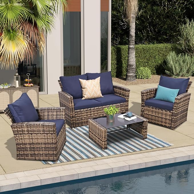 FHFO 4 Piece Outdoor Wicker Patio Furniture Set, Yellow/Blue | Sectional Sofa | All-Weather Hand-Woven Rattan | Tempered Glass Coffee Table | Durable Fabric | Indoor & Outdoor Use