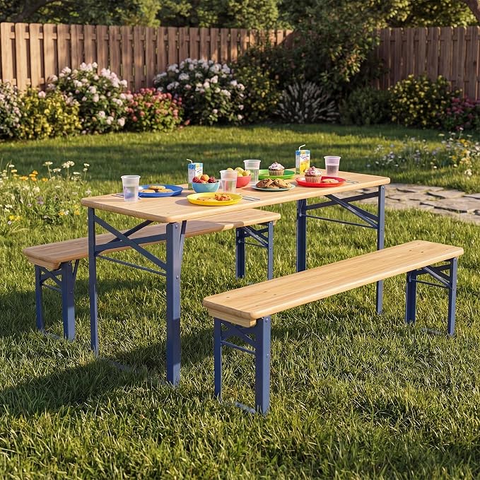 Costzon Kids Picnic Table, 43.5 Inch Folding Picnic Table with 2 Benches, Fir Wood Top & Metal Frame, No Assembly 3-Piece Portable Kids Indoor/Outdoor Furniture for Patio Backyard Daycare (Navy Blue)