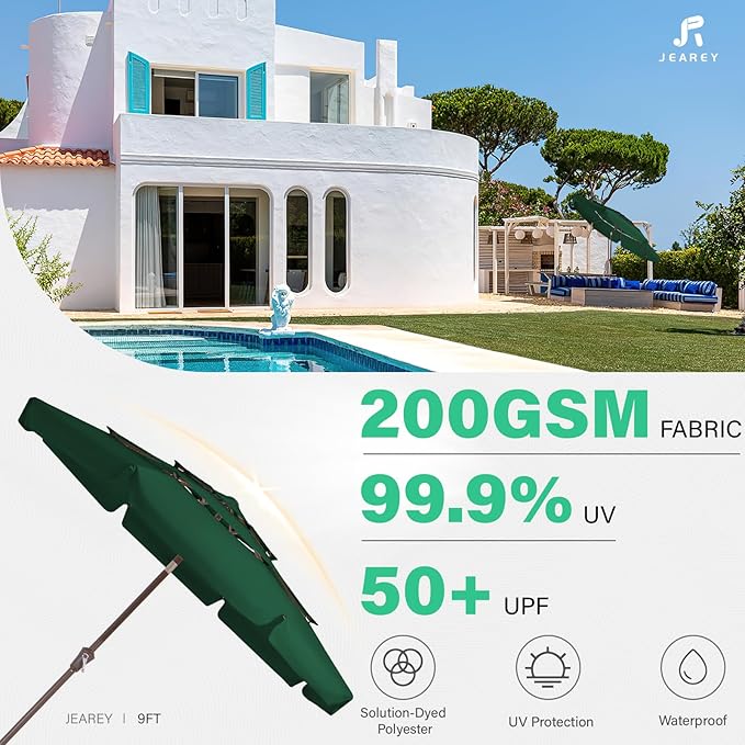 JEAREY 3 Tiers 9 FT Patio Umbrellas Outdoor Table Umbrella with Push Button Market Umbrella 8 Sturdy Ribs UV Protection Waterproof for Garden,Dark Green