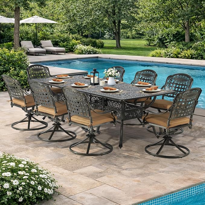 VIVIJASON 9-Piece Outdoor Dining Furniture Set, Cast Aluminum Patio Table & Chairs Set for 8, Include 94.5" Rectangular Dining Table and 8 Swivel Rocker Chairs with Umbrella Hole, Khaki Cushion