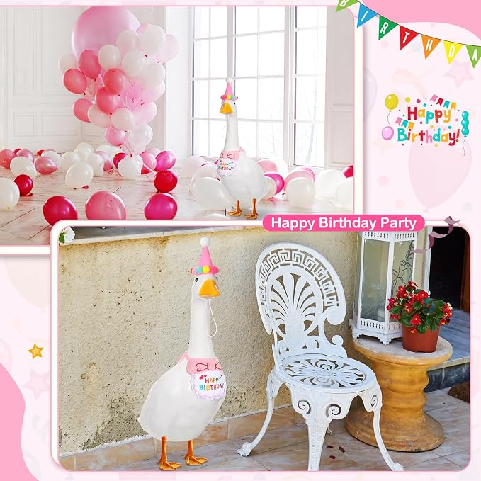 Abbylike Happy Birthday Goose Outfit Lawn Porch Goose Outfits with Party Hat Bandana for 23" 17" Cement Plastic Duck Decor(Pink)
