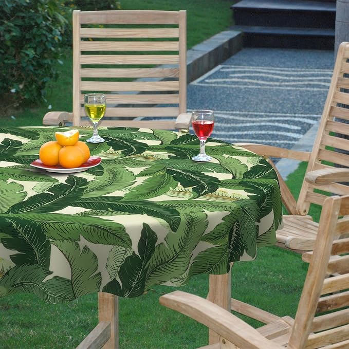 DYTXIII Outdoor Round Tablecloth with Umbrella Hole 60 Inch, Water Repellent & Fade Resistant Table Cover, All Weather Outdoor Tablecloth for Garden & Party Table, Palms Green