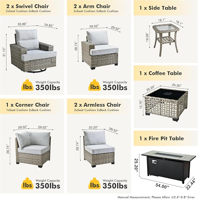 HOOOWOOO Sectional Patio Furniture Set With Fire Pit Table,10 Pieces Wicker Outdoor Furniture L Shaped Couch,Outside Conversation Set Extra Deep Seat Sofa Wide Arm Swivel Chairs Solar Table,Denim Blue
