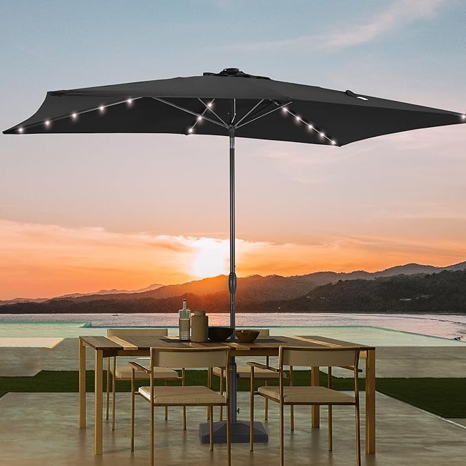 Rectangle Patio Umbrella with Solar Lights, 6x9ft Outdoor Rectangular Table Market Umbrella Patio with Push Button Tilt and Crank for Pool, Deck, Garden,Backyard