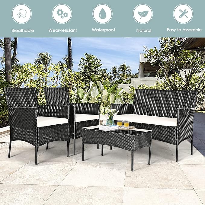 DORTALA 4 Pieces Patio Furniture Set, Rattan Conversation Set with Coffee Table & Cushions, Outdoor Wicker Sofa Set for Poolside, Backyard, Beige