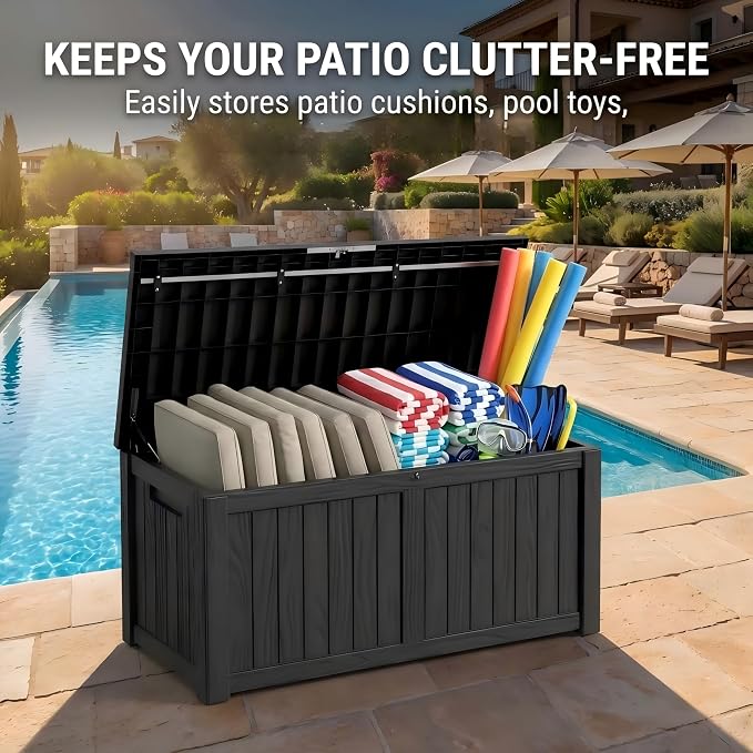 150 Gallon Resin Outdoor Storage Box for Garden Tools, Pool Supplies & Patio Cushions ā Waterproof & UV-Resistant, Durable Material ā Lockable (Black)