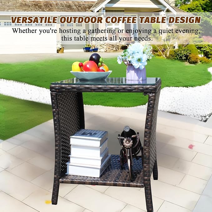 Outdoor Rattan Patio Side Tables, Wicker Table with Clear Tempered Glass Top, Patio End Tables with Storage Shelf, Outdoor Small Tables for Patio,Porch,Balcony,Backyard (Brown, 19.25 Inch)