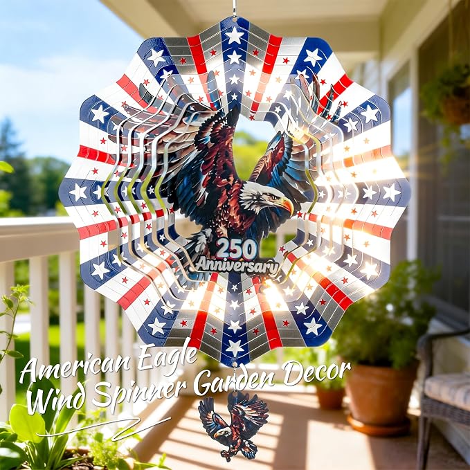 250th Anniversary American Eagle Flag 12 Inch Wind Spinner | Stainless Steel Outdoor Garden Decor with 3D American Flag Design, Hanging Yard Art for Patio & Indoor, Gifts for Men & Dad
